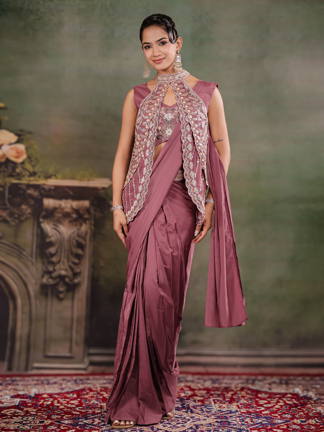 Dusty Mauve Designer Ready-to-Wear Saree with Embroidered Jacket & Sequined Blouse