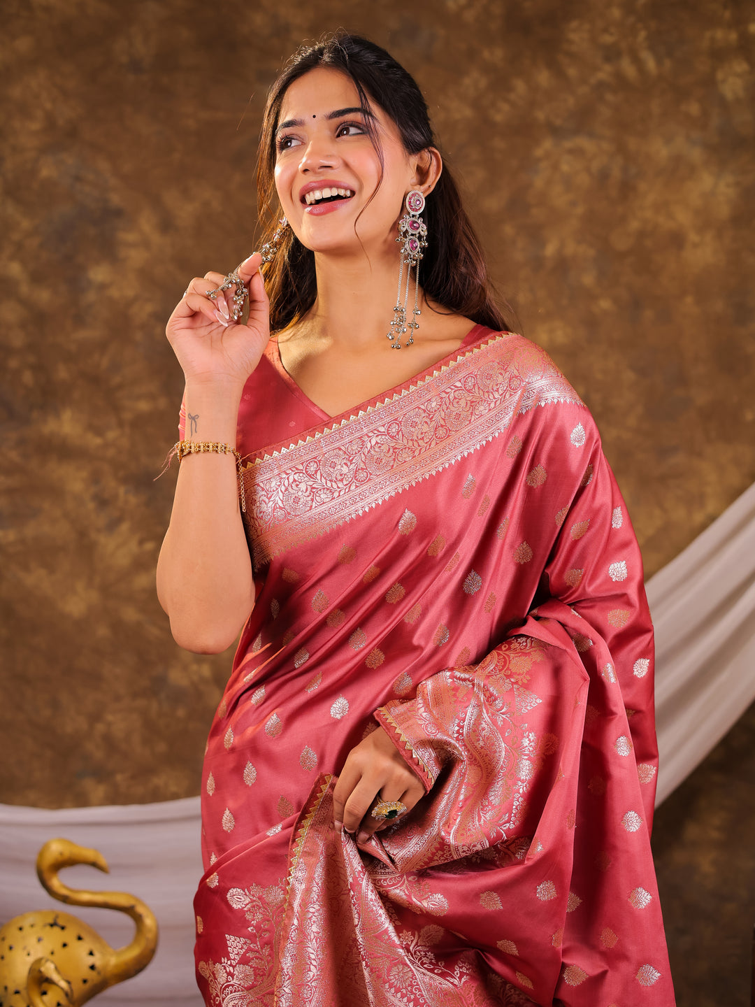 Rose Pink Kanjivaram Banarasi Satin Silk Saree with Antique Silver Zari Weaving, Rich Heritage Pallu & Tassel Detailing