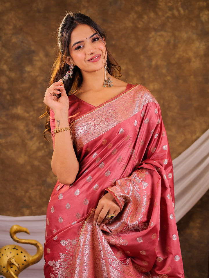 Rose Pink Kanjivaram Banarasi Satin Silk Saree with Antique Silver Zari Weaving, Rich Heritage Pallu & Tassel Detailing