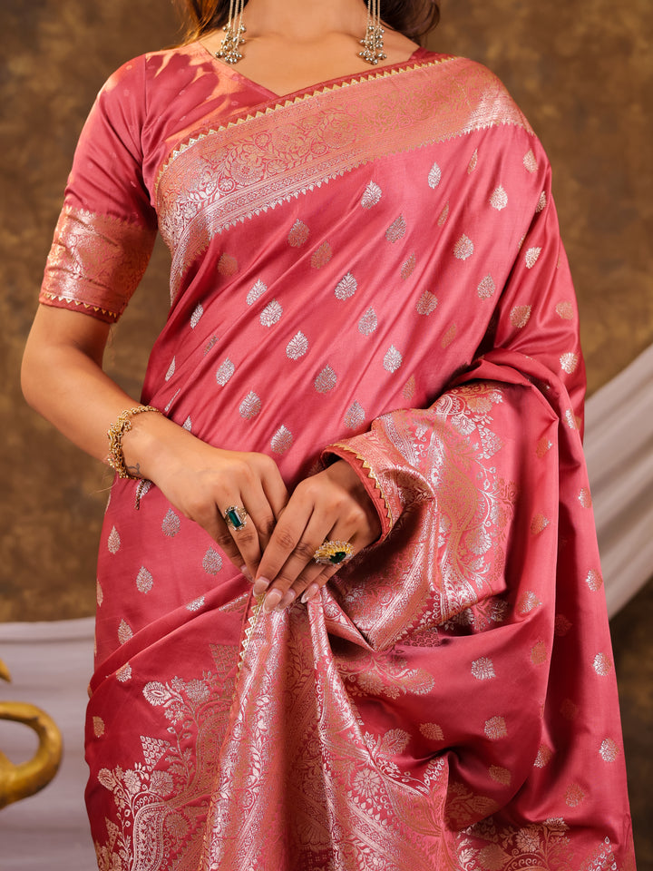 Rose Pink Kanjivaram Banarasi Satin Silk Saree with Antique Silver Zari Weaving, Rich Heritage Pallu & Tassel Detailing