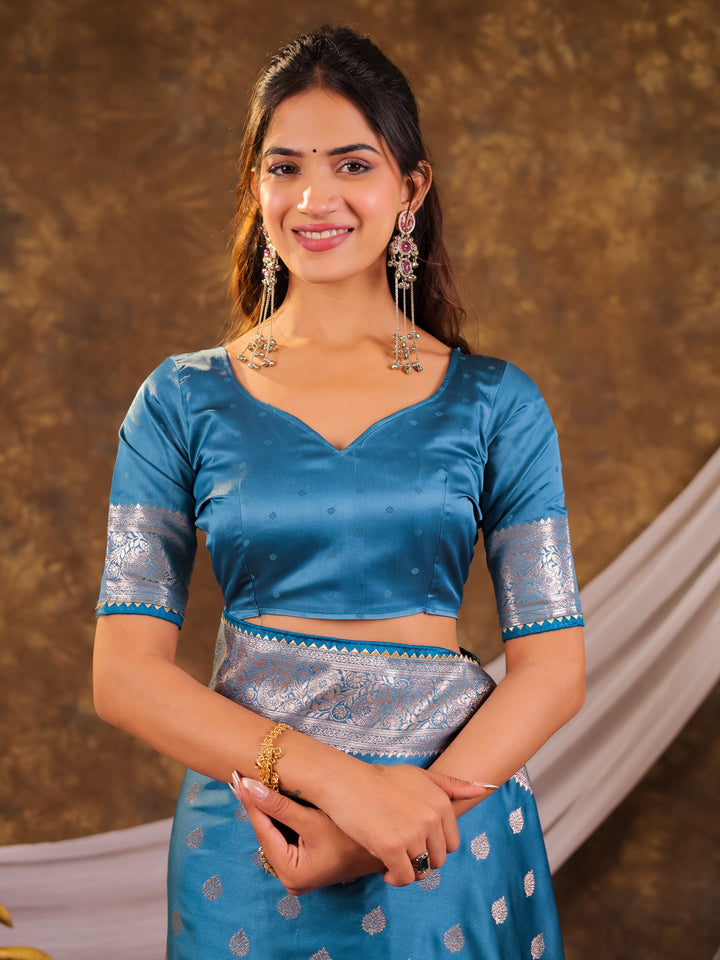 Sky Blue Kanjivaram Banarasi Satin Silk Saree with Antique Silver Zari Weaving, Rich Heritage Pallu & Tassel Detailing