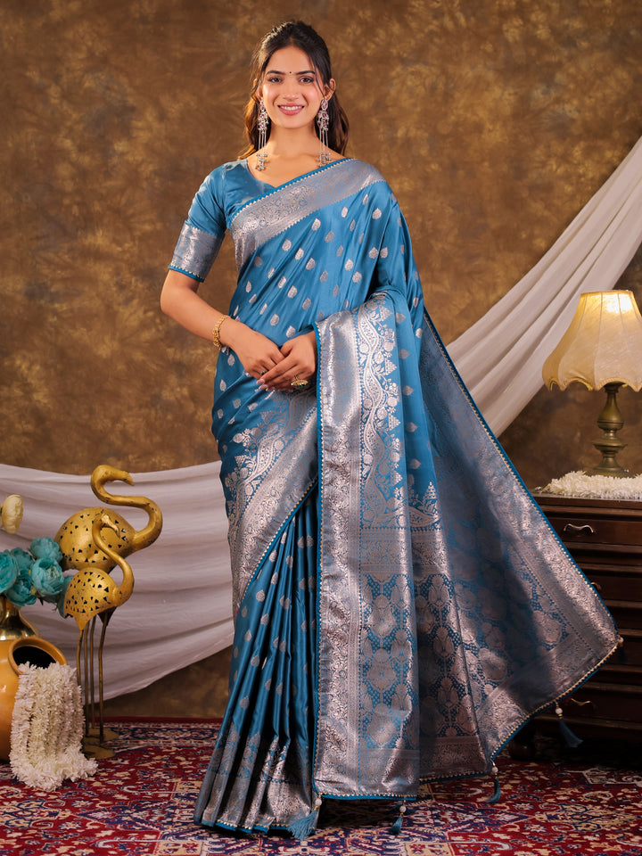 Sky Blue Kanjivaram Banarasi Satin Silk Saree with Antique Silver Zari Weaving, Rich Heritage Pallu & Tassel Detailing