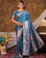 Sky Blue Kanjivaram Banarasi Satin Silk Saree with Antique Silver Zari Weaving, Rich Heritage Pallu & Tassel Detailing