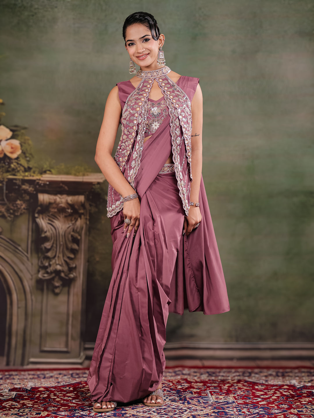 Dusty Mauve Designer Ready-to-Wear Saree with Embroidered Jacket & Sequined Blouse