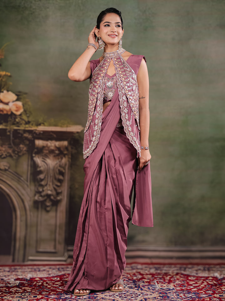 Dusty Mauve Designer Ready-to-Wear Saree with Embroidered Jacket & Sequined Blouse