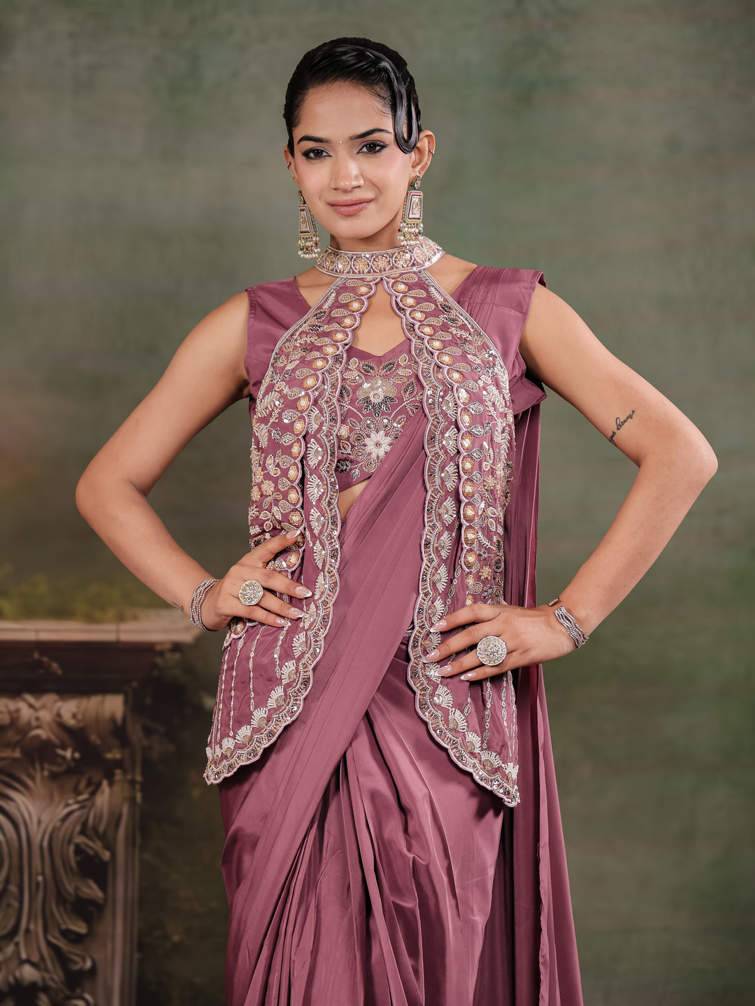 Dusty Mauve Designer Ready-to-Wear Saree with Embroidered Jacket & Sequined Blouse