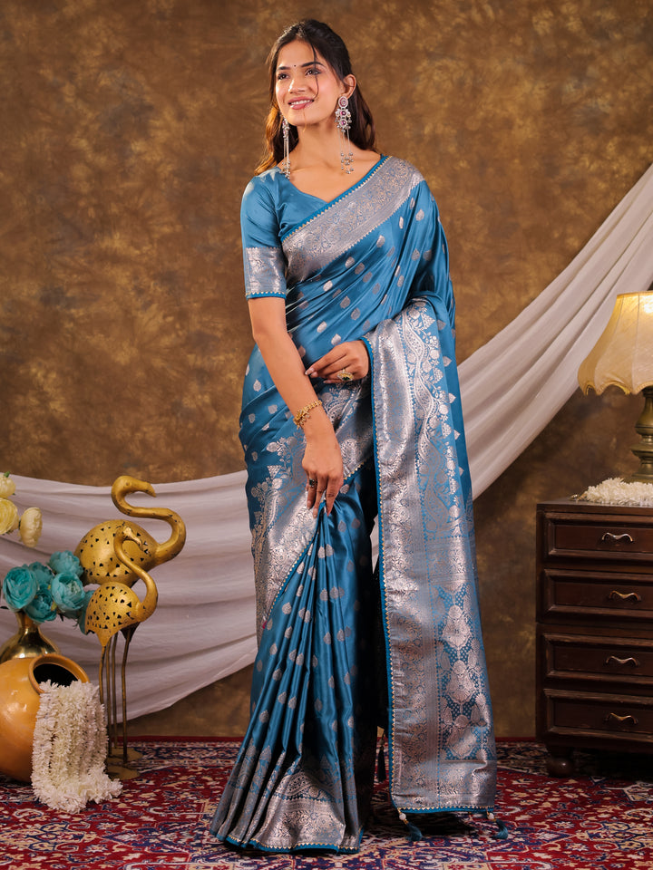 Sky Blue Kanjivaram Banarasi Satin Silk Saree with Antique Silver Zari Weaving, Rich Heritage Pallu & Tassel Detailing