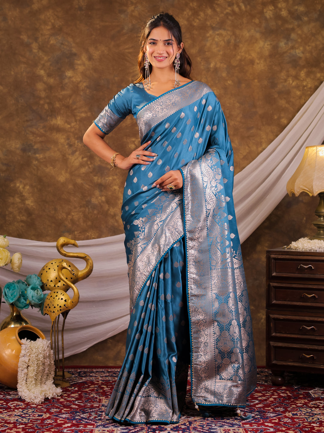 Sky Blue Kanjivaram Banarasi Satin Silk Saree with Antique Silver Zari Weaving, Rich Heritage Pallu & Tassel Detailing