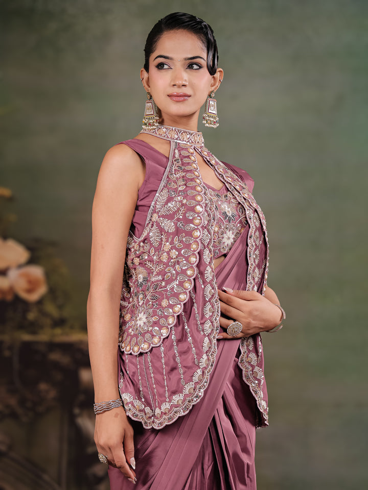 Dusty Mauve Designer Ready-to-Wear Saree with Embroidered Jacket & Sequined Blouse