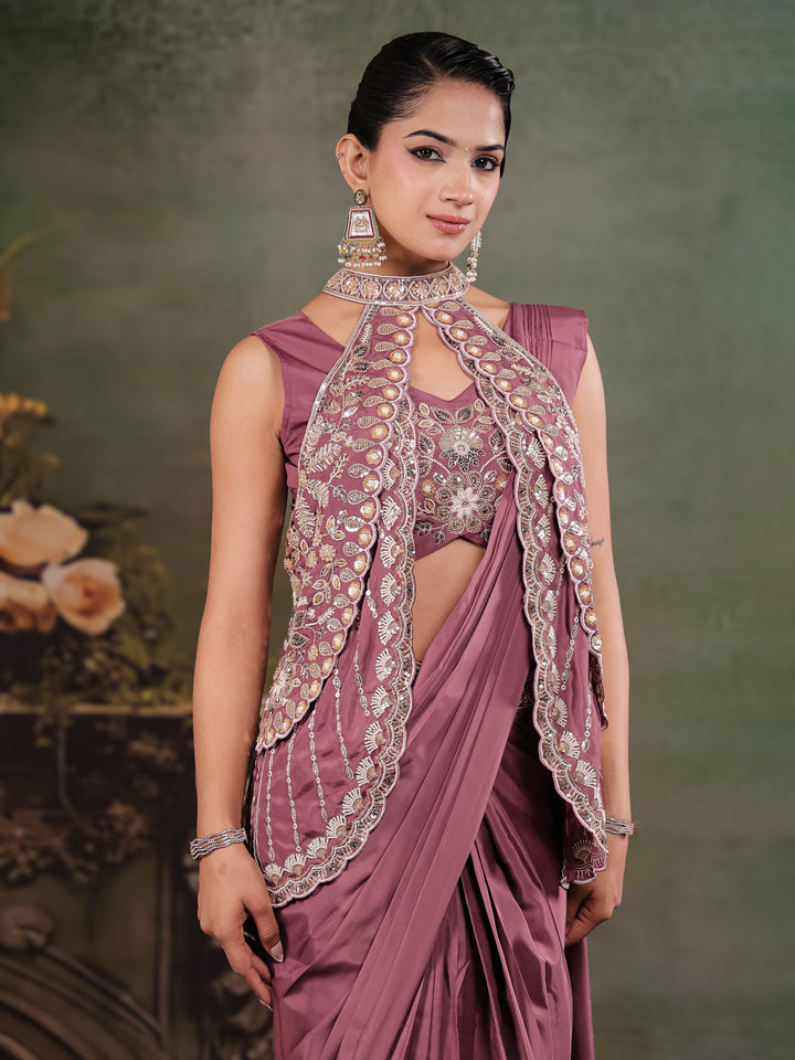 Dusty Mauve Designer Ready-to-Wear Saree with Embroidered Jacket & Sequined Blouse