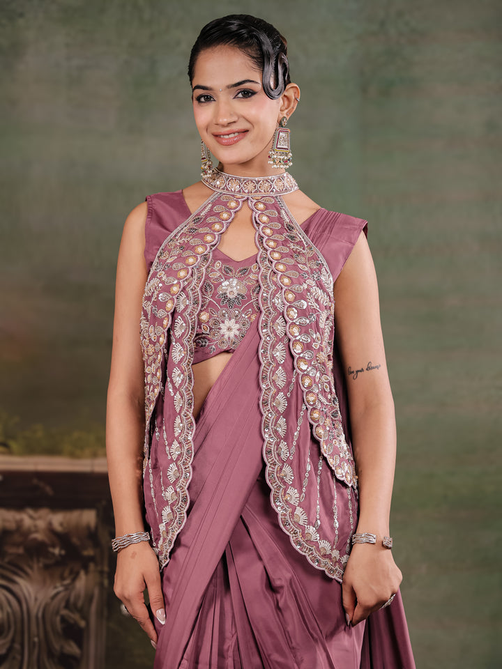 Dusty Mauve Designer Ready-to-Wear Saree with Embroidered Jacket & Sequined Blouse