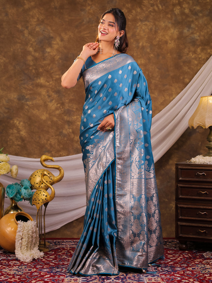 Sky Blue Kanjivaram Banarasi Satin Silk Saree with Antique Silver Zari Weaving, Rich Heritage Pallu & Tassel Detailing