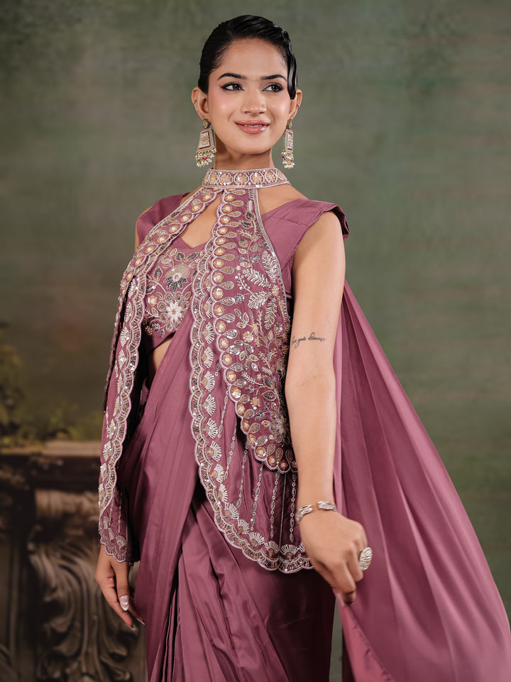 Dusty Mauve Designer Ready-to-Wear Saree with Embroidered Jacket & Sequined Blouse