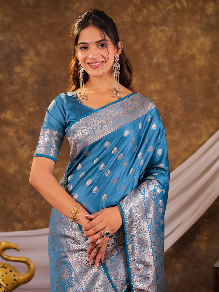 Sky Blue Kanjivaram Banarasi Satin Silk Saree with Antique Silver Zari Weaving, Rich Heritage Pallu & Tassel Detailing