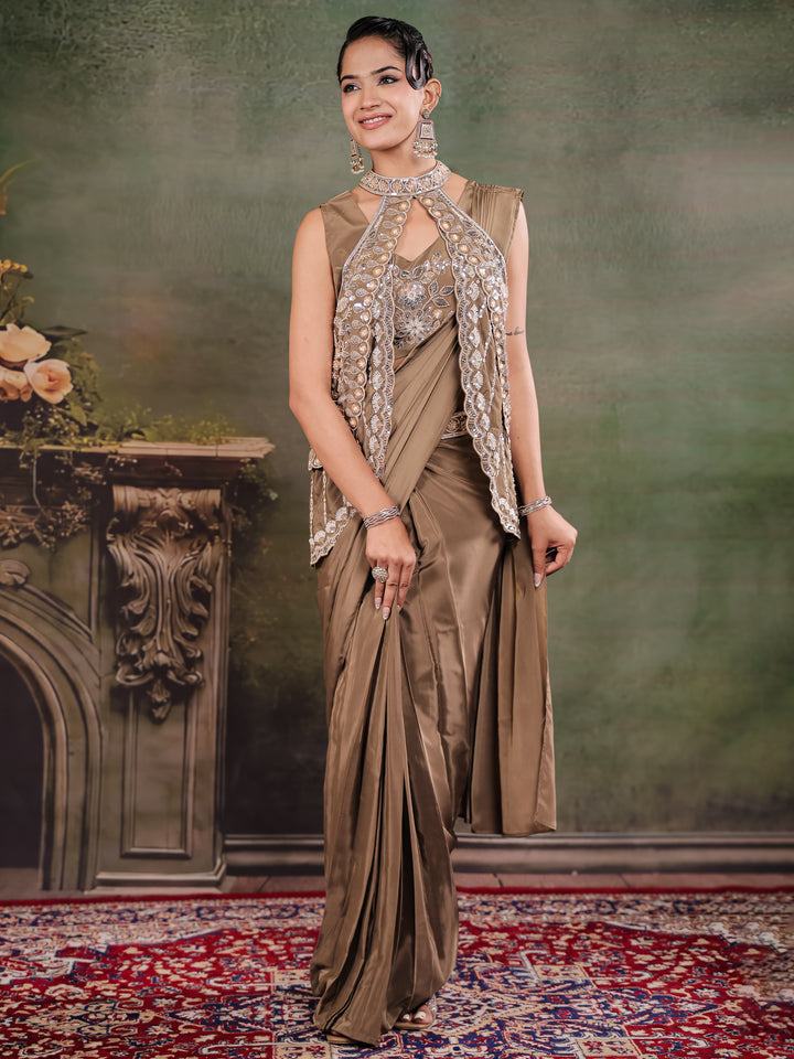 Chocolate Brown Designer Ready-to-Wear Saree with Embroidered Jacket & Sequined Blouse