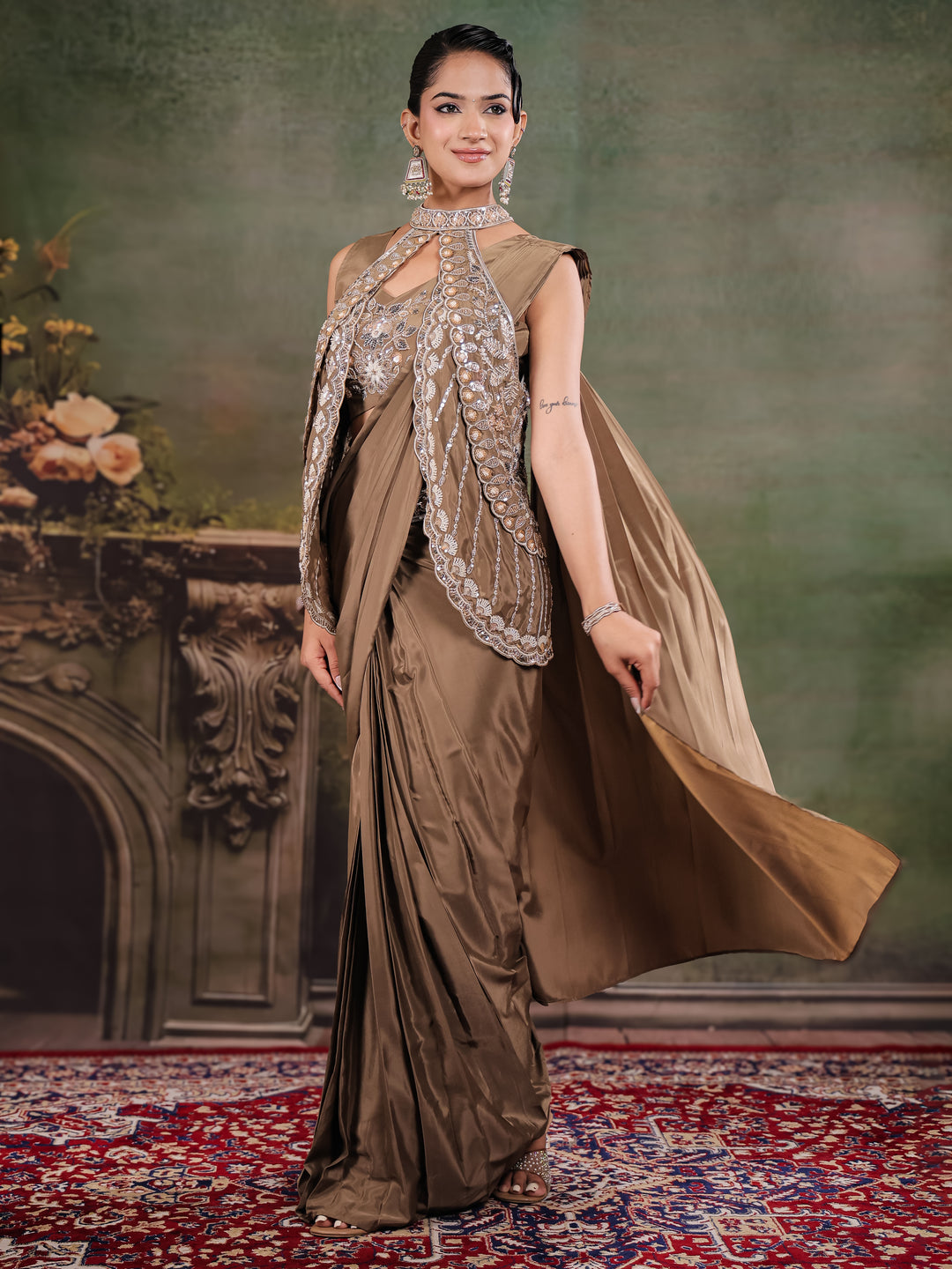 Chocolate Brown Designer Ready-to-Wear Saree with Embroidered Jacket & Sequined Blouse