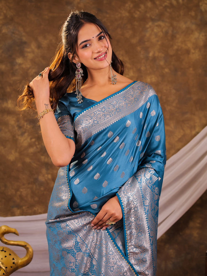 Sky Blue Kanjivaram Banarasi Satin Silk Saree with Antique Silver Zari Weaving, Rich Heritage Pallu & Tassel Detailing