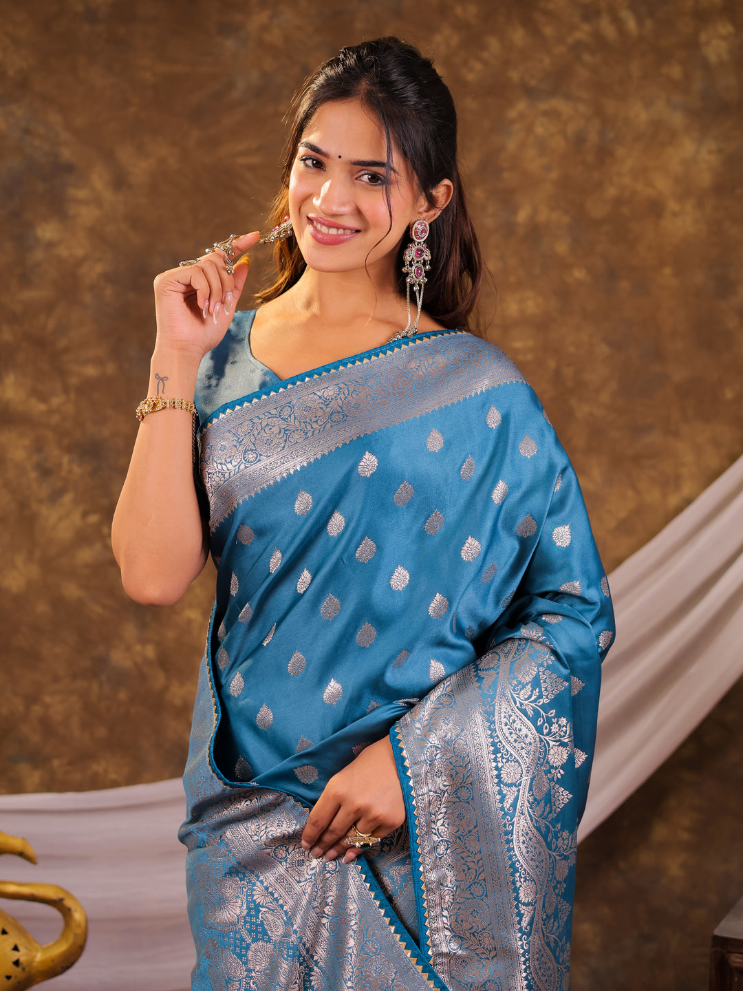 Sky Blue Kanjivaram Banarasi Satin Silk Saree with Antique Silver Zari Weaving, Rich Heritage Pallu & Tassel Detailing