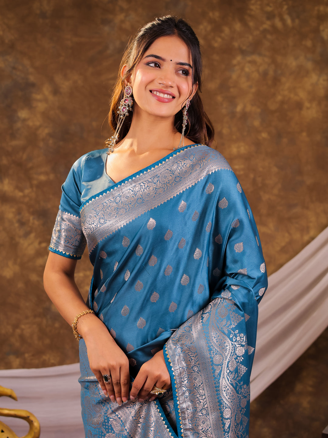 Sky Blue Kanjivaram Banarasi Satin Silk Saree with Antique Silver Zari Weaving, Rich Heritage Pallu & Tassel Detailing