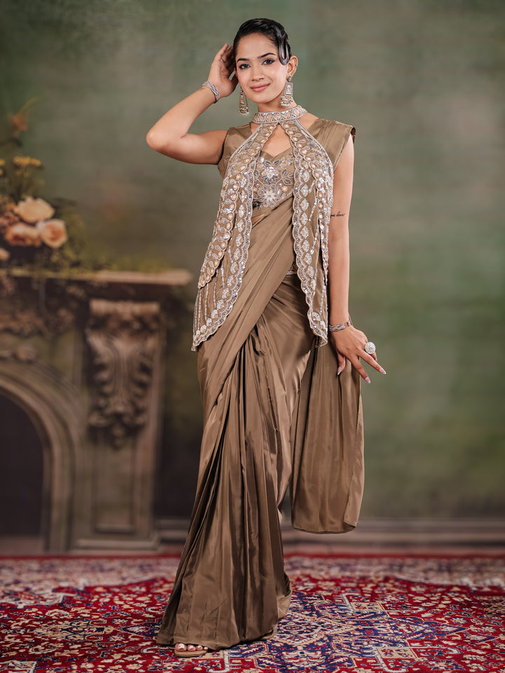 Chocolate Brown Designer Ready-to-Wear Saree with Embroidered Jacket & Sequined Blouse