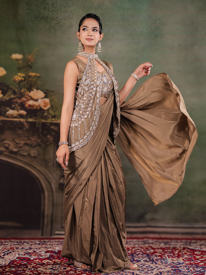 Chocolate Brown Designer Ready-to-Wear Saree with Embroidered Jacket & Sequined Blouse