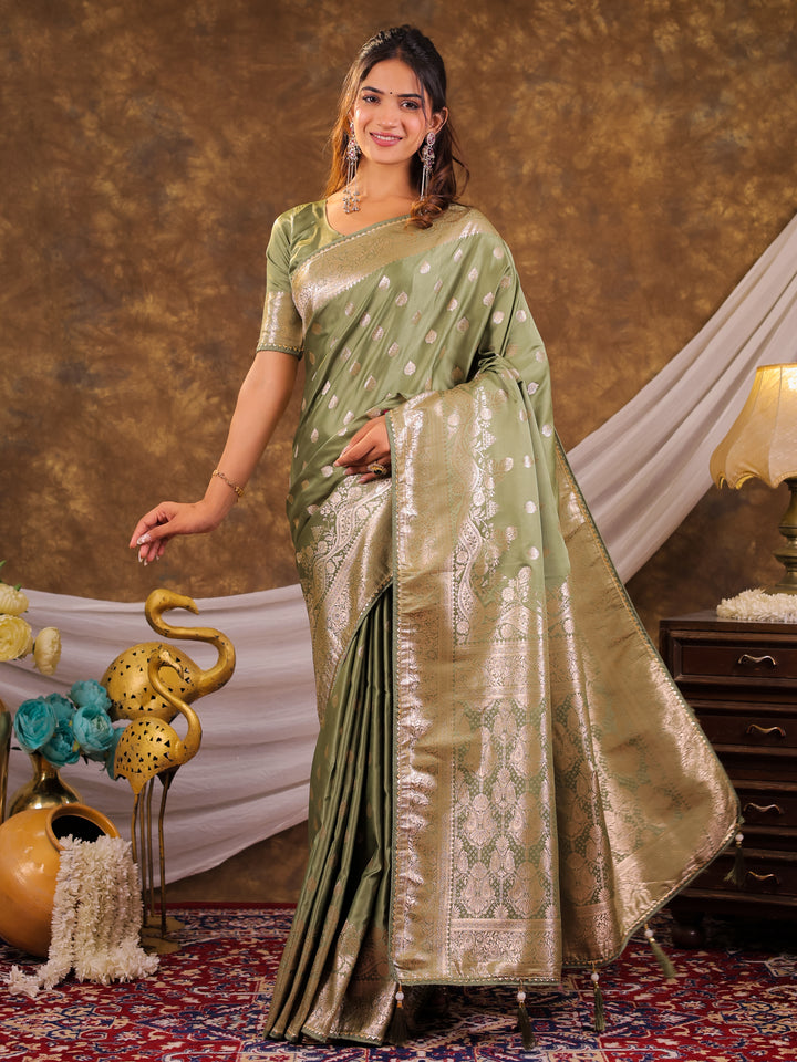 Sage Green Kanjivaram Banarasi Satin Silk Saree with Antique Silver Zari Weaving, Rich Heritage Pallu & Tassel Detailing