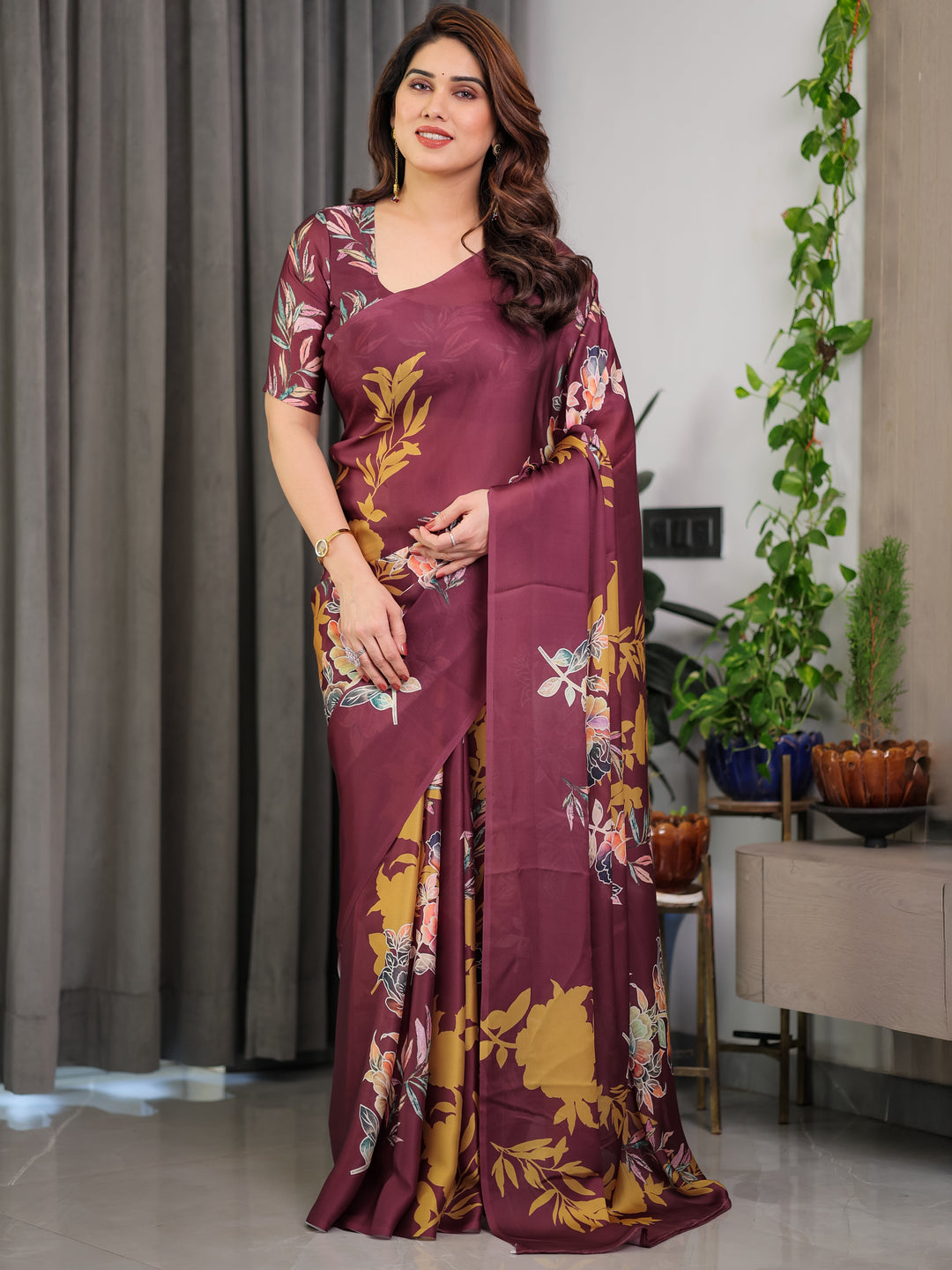 Maroon Floral Satin Georgette Saree with Mustard Leaf Print & Designer Attached Blouse – Soft Elegant Draping Saree