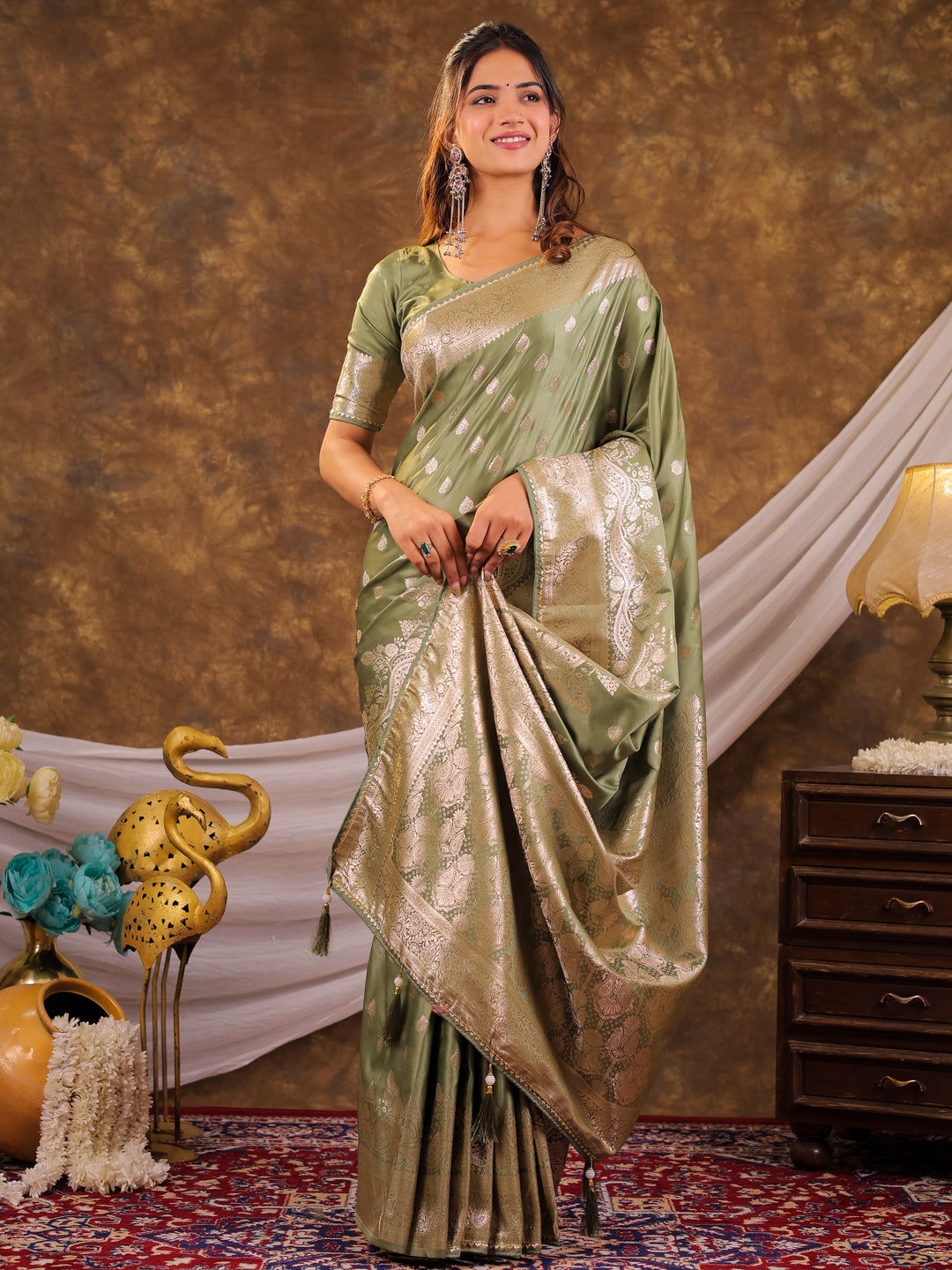 Sage Green Kanjivaram Banarasi Satin Silk Saree with Antique Silver Zari Weaving, Rich Heritage Pallu & Tassel Detailing