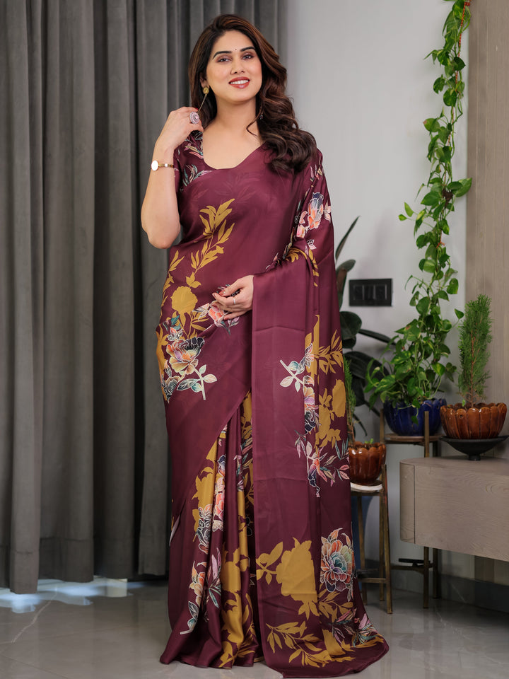 Maroon Floral Satin Georgette Saree with Mustard Leaf Print & Designer Attached Blouse – Soft Elegant Draping Saree