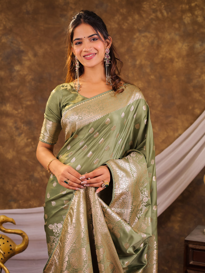 Sage Green Kanjivaram Banarasi Satin Silk Saree with Antique Silver Zari Weaving, Rich Heritage Pallu & Tassel Detailing