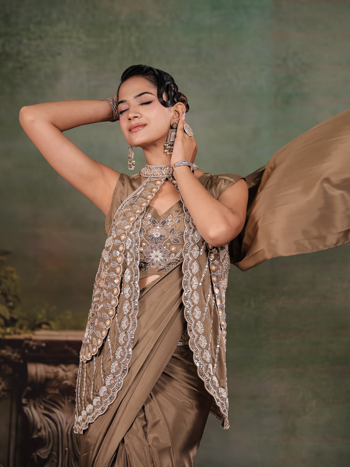 Chocolate Brown Designer Ready-to-Wear Saree with Embroidered Jacket & Sequined Blouse
