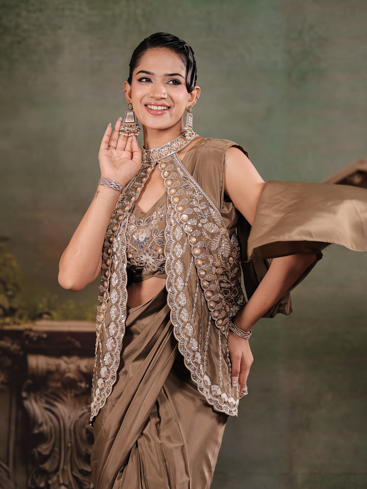 Chocolate Brown Designer Ready-to-Wear Saree with Embroidered Jacket & Sequined Blouse