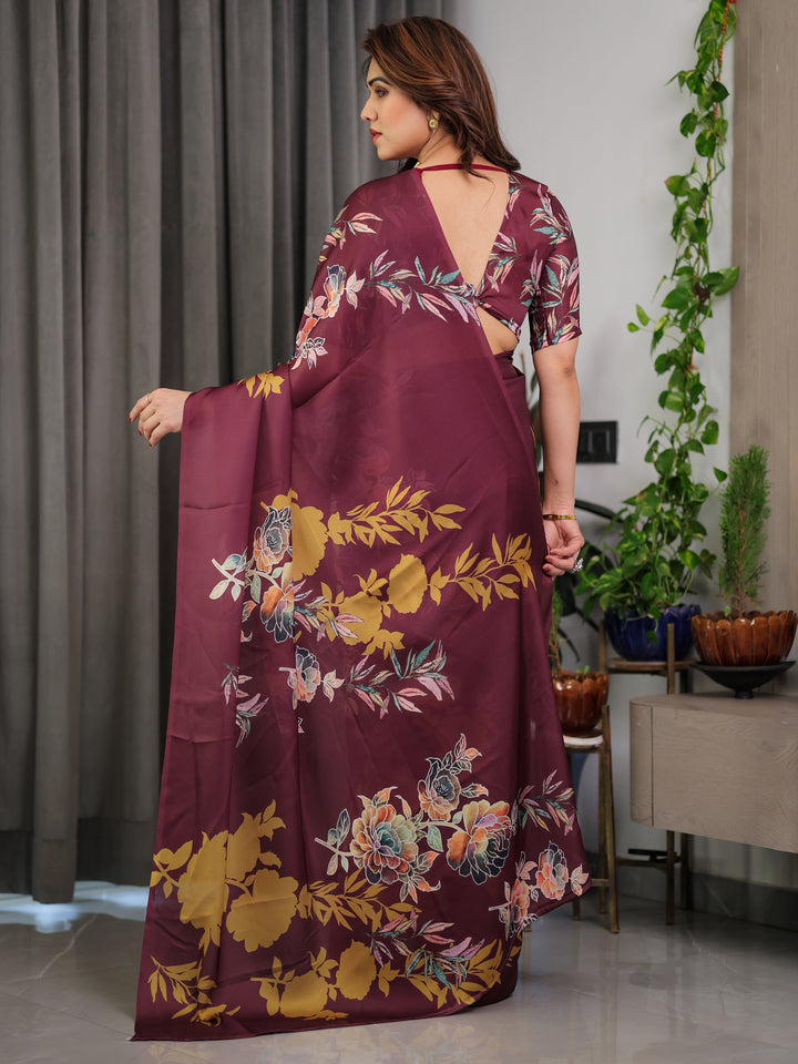 Maroon Floral Satin Georgette Saree with Mustard Leaf Print & Designer Attached Blouse – Soft Elegant Draping Saree
