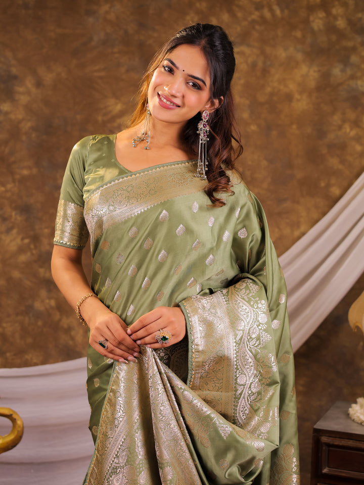 Sage Green Kanjivaram Banarasi Satin Silk Saree with Antique Silver Zari Weaving, Rich Heritage Pallu & Tassel Detailing