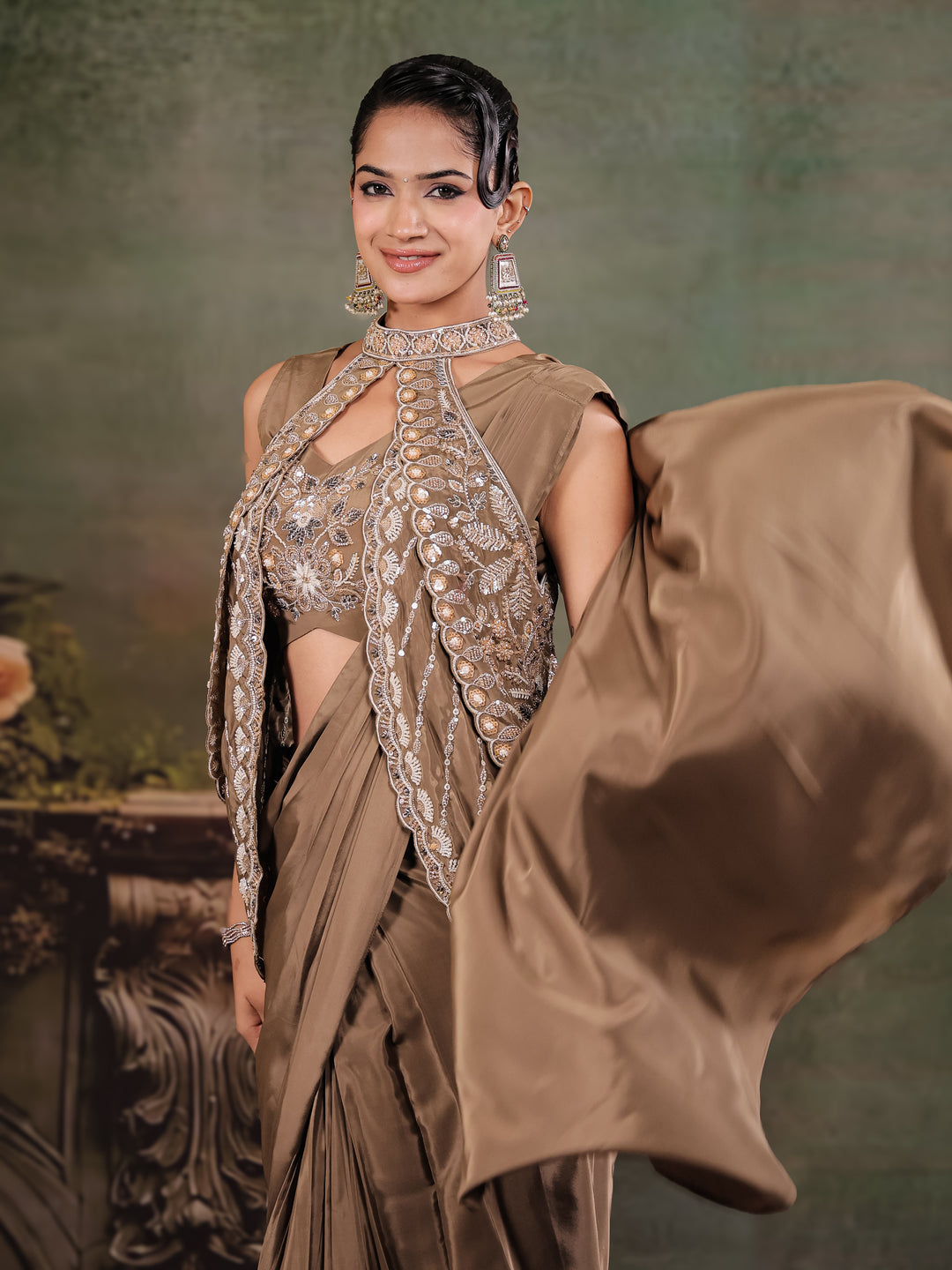 Chocolate Brown Designer Ready-to-Wear Saree with Embroidered Jacket & Sequined Blouse