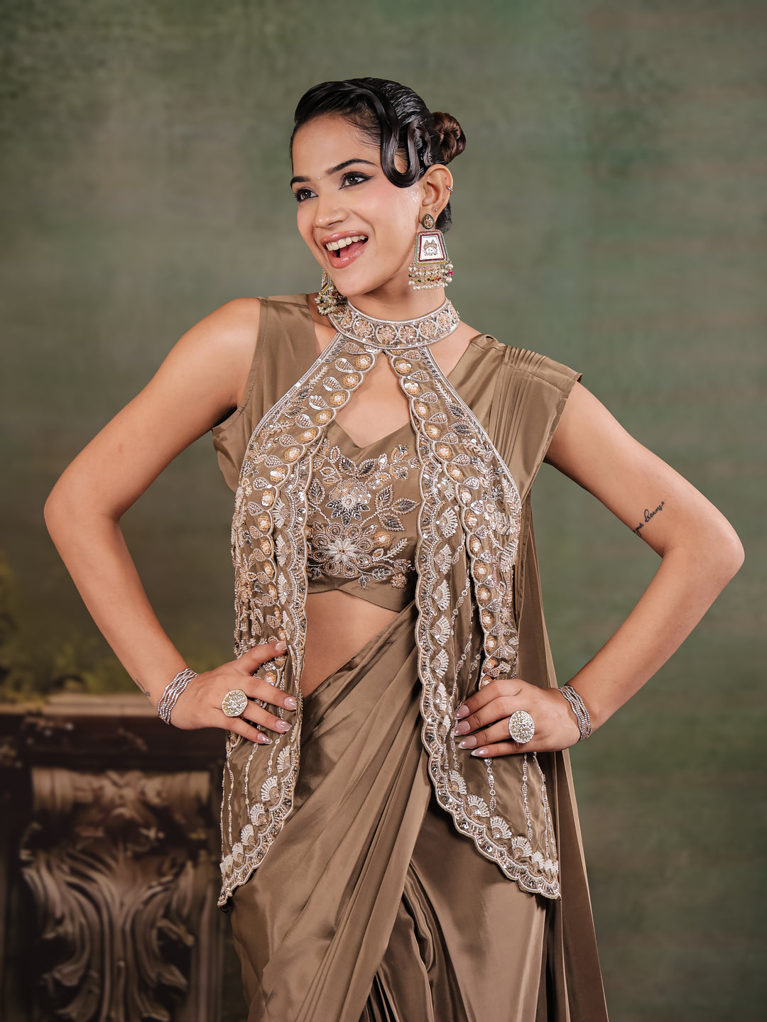 Chocolate Brown Designer Ready-to-Wear Saree with Embroidered Jacket & Sequined Blouse