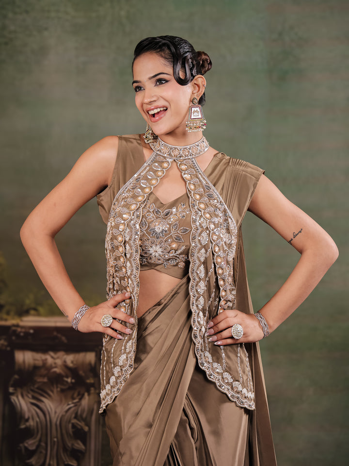 Chocolate Brown Designer Ready-to-Wear Saree with Embroidered Jacket & Sequined Blouse