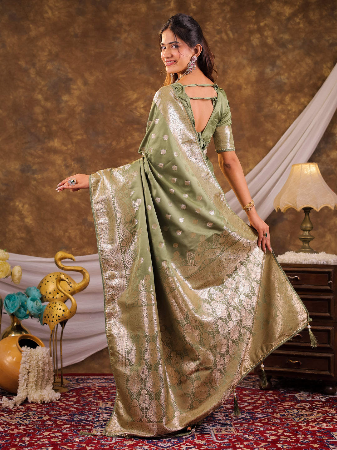 Sage Green Kanjivaram Banarasi Satin Silk Saree with Antique Silver Zari Weaving, Rich Heritage Pallu & Tassel Detailing