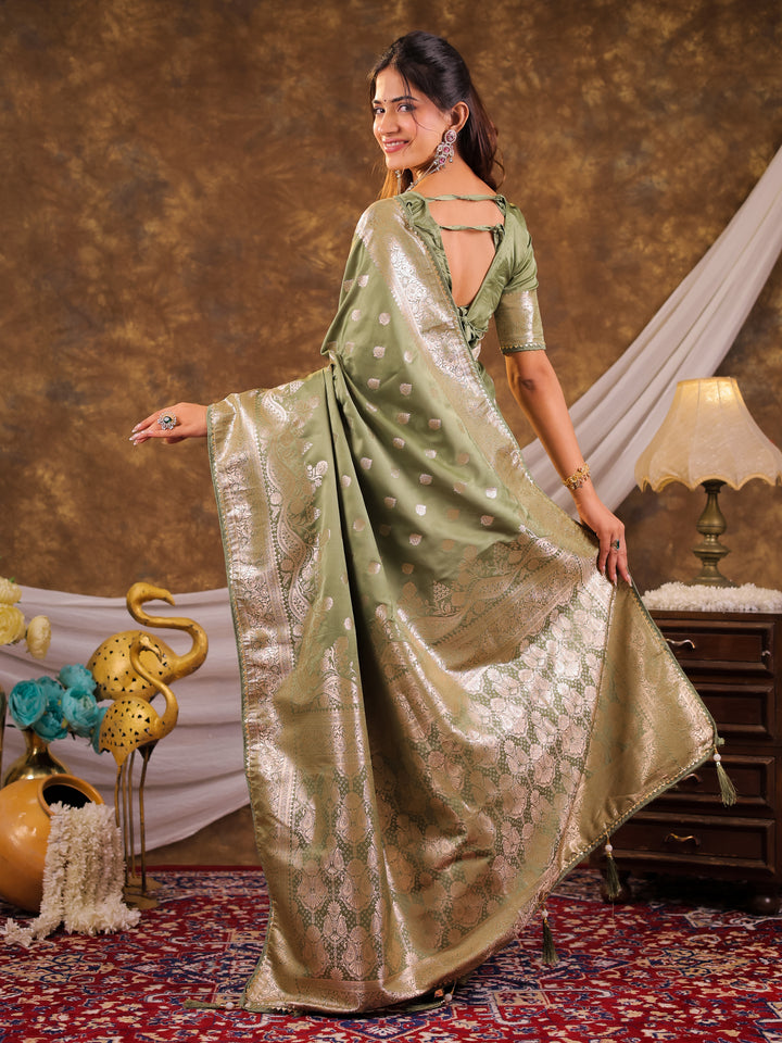 Sage Green Kanjivaram Banarasi Satin Silk Saree with Antique Silver Zari Weaving, Rich Heritage Pallu & Tassel Detailing