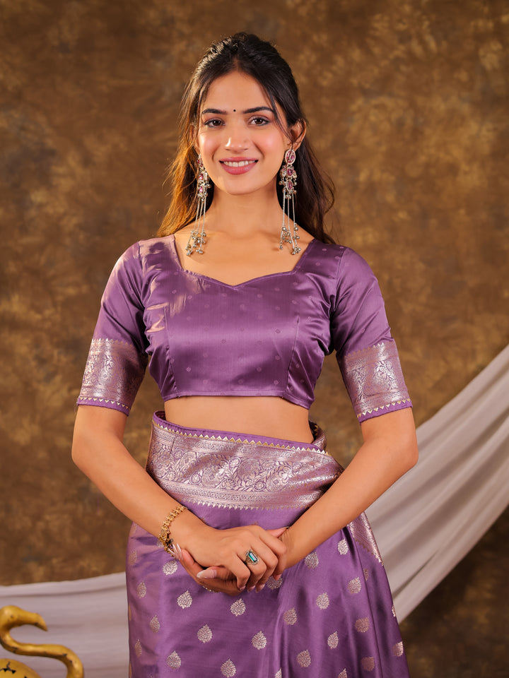 Lavender Kanjivaram Banarasi Satin Silk Saree with Antique Silver Zari Weaving, Rich Heritage Pallu & Tassel Detailing