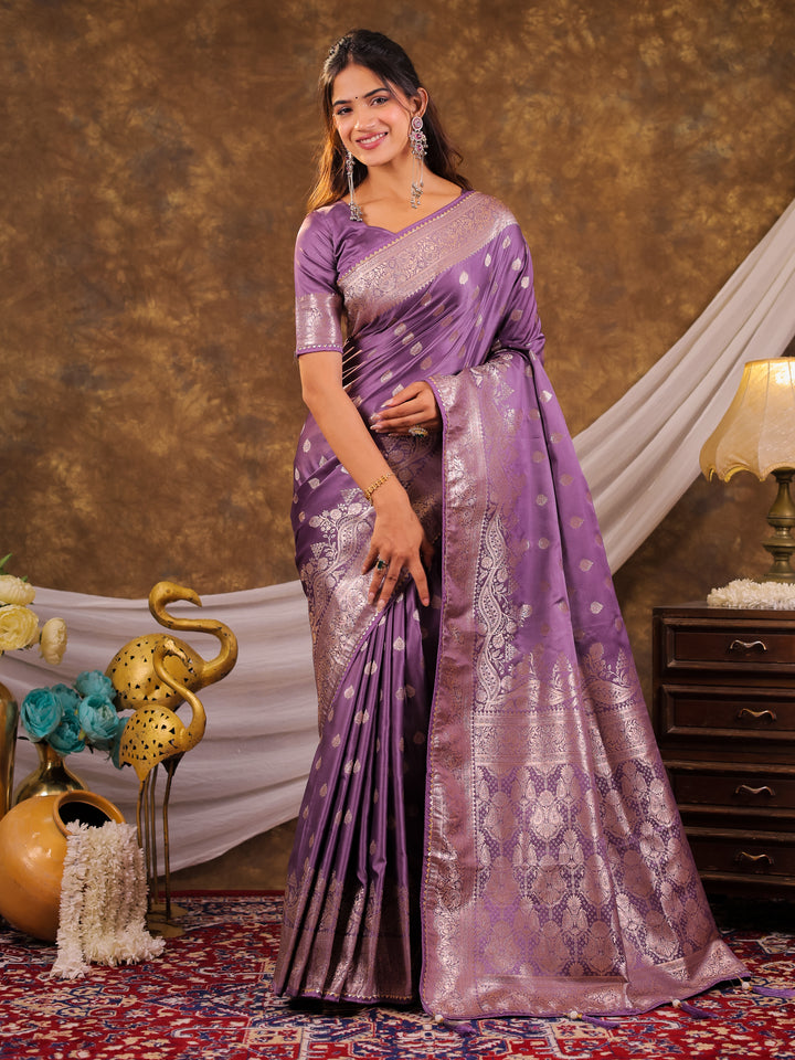 Lavender Kanjivaram Banarasi Satin Silk Saree with Antique Silver Zari Weaving, Rich Heritage Pallu & Tassel Detailing