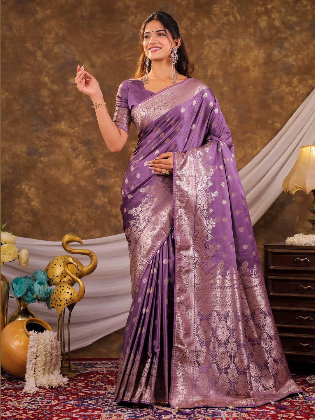 Lavender Kanjivaram Banarasi Satin Silk Saree with Antique Silver Zari Weaving, Rich Heritage Pallu & Tassel Detailing