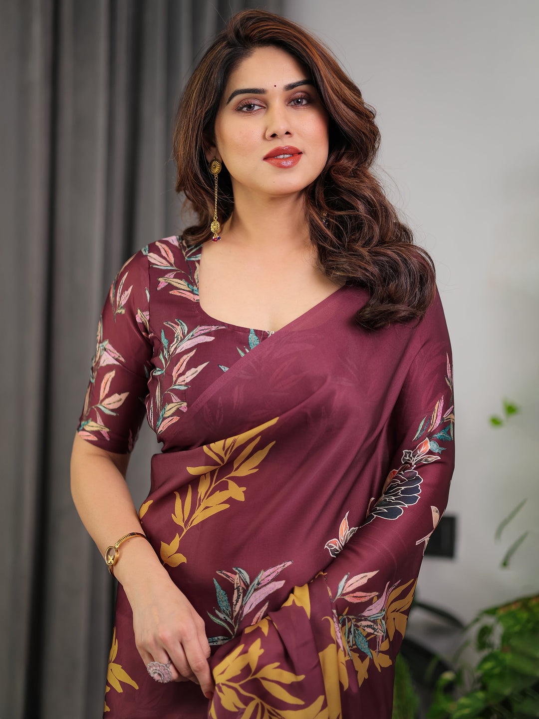 Maroon Floral Satin Georgette Saree with Mustard Leaf Print & Designer Attached Blouse – Soft Elegant Draping Saree