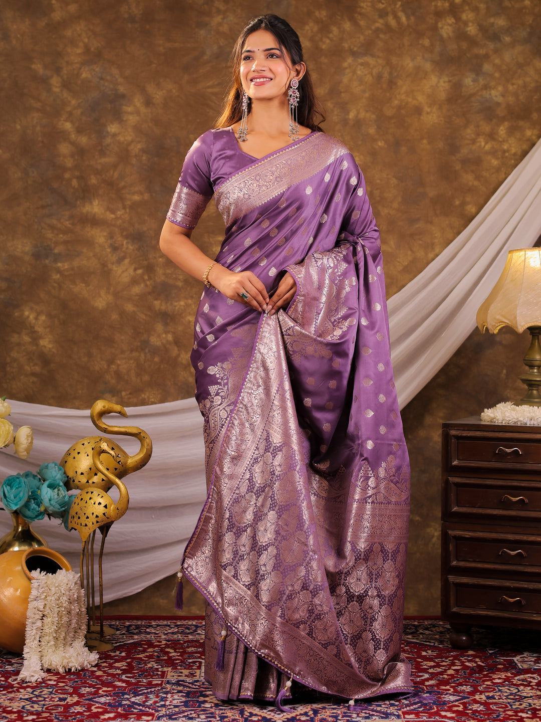 Lavender Kanjivaram Banarasi Satin Silk Saree with Antique Silver Zari Weaving, Rich Heritage Pallu & Tassel Detailing