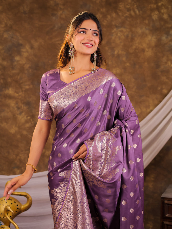Lavender Kanjivaram Banarasi Satin Silk Saree with Antique Silver Zari Weaving, Rich Heritage Pallu & Tassel Detailing