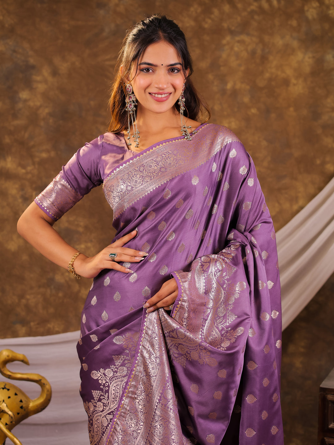 Lavender Kanjivaram Banarasi Satin Silk Saree with Antique Silver Zari Weaving, Rich Heritage Pallu & Tassel Detailing