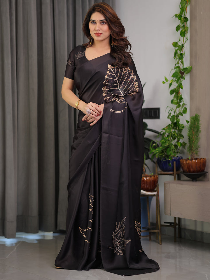 Black Satin Georgette Saree with Gold Leaf Outline Print & Designer Attached Blouse – Elegant Minimal Botanical Saree