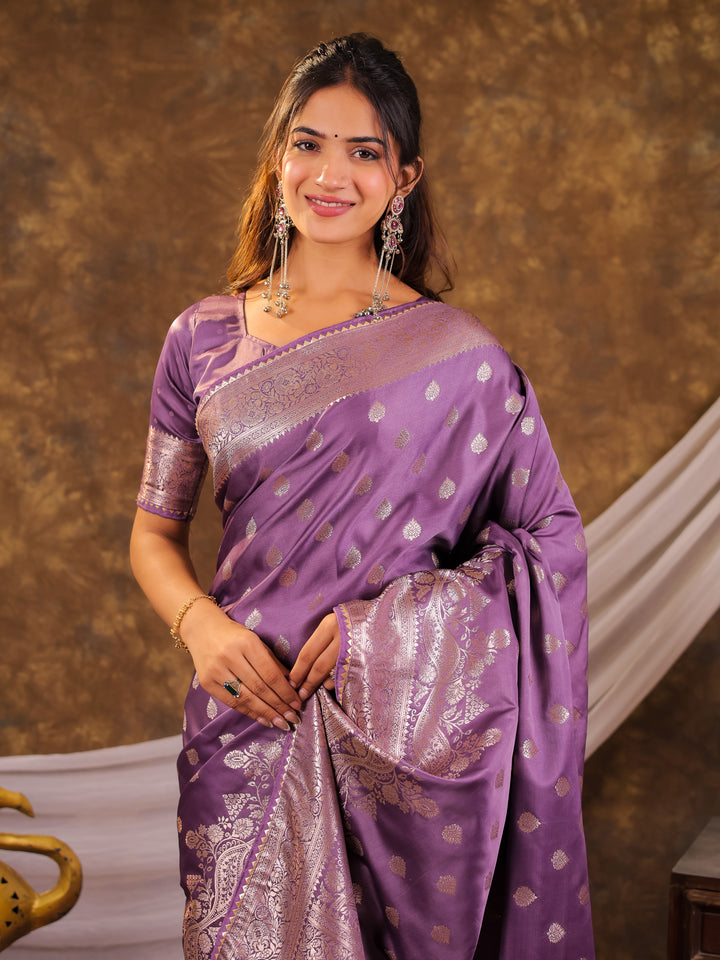 Lavender Kanjivaram Banarasi Satin Silk Saree with Antique Silver Zari Weaving, Rich Heritage Pallu & Tassel Detailing