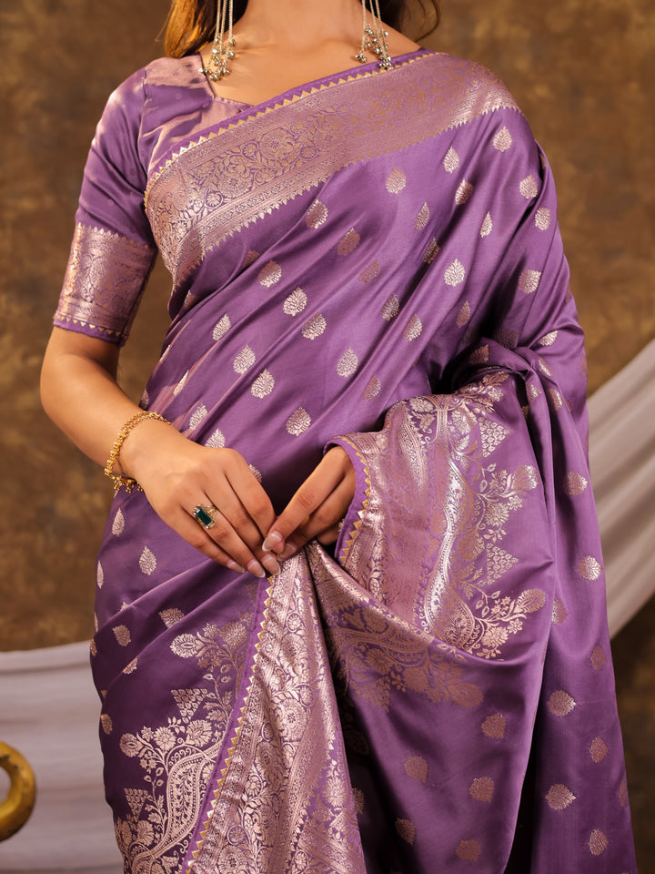 Lavender Kanjivaram Banarasi Satin Silk Saree with Antique Silver Zari Weaving, Rich Heritage Pallu & Tassel Detailing