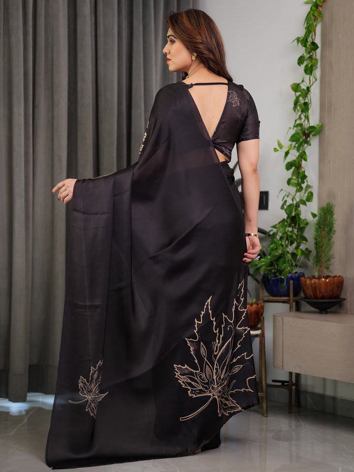Black Satin Georgette Saree with Gold Leaf Outline Print & Designer Attached Blouse – Elegant Minimal Botanical Saree